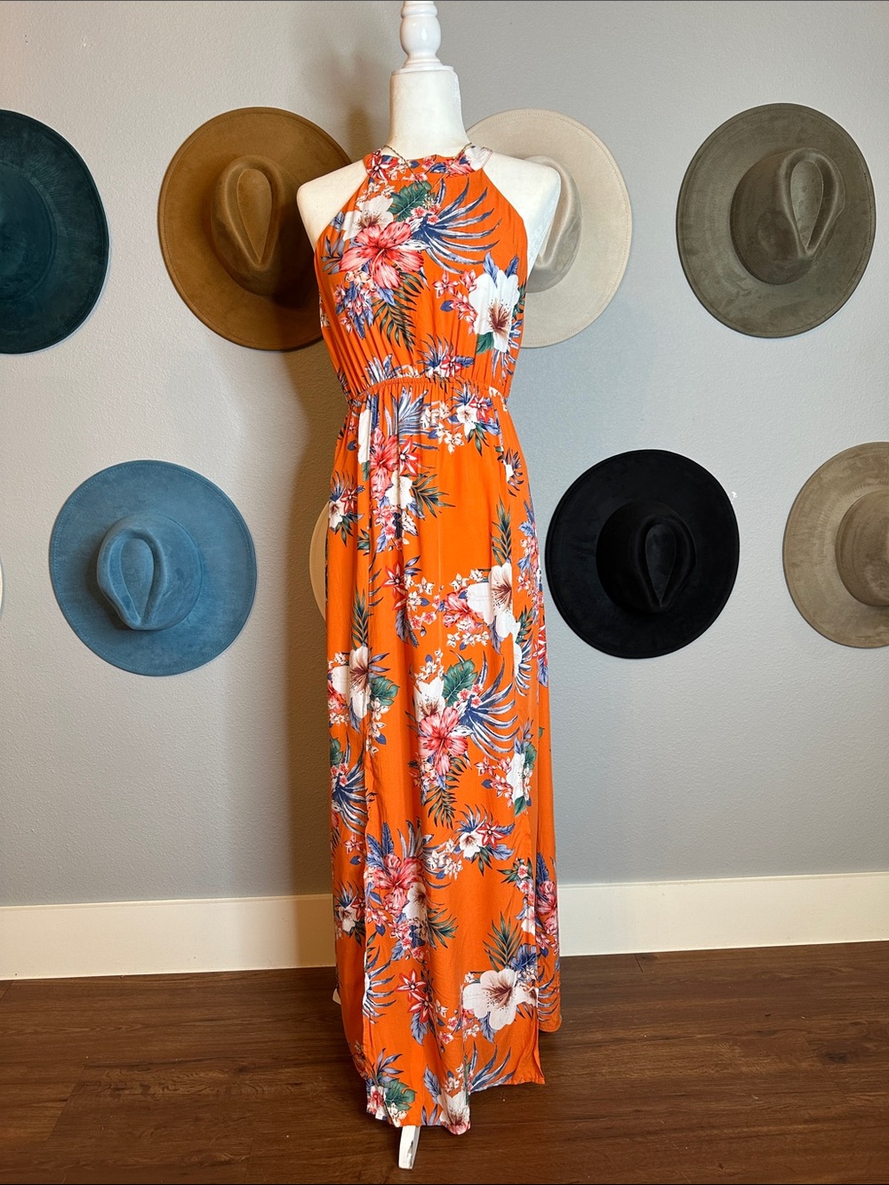 Floral Halter Maxi Dress in Bright Orange